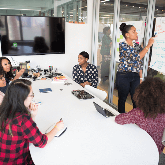 Group of marketers discussing strategies in a conference room.