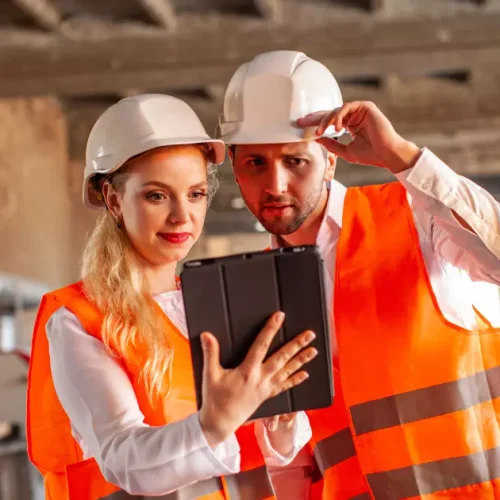 Concrete contractors discussing marketing services