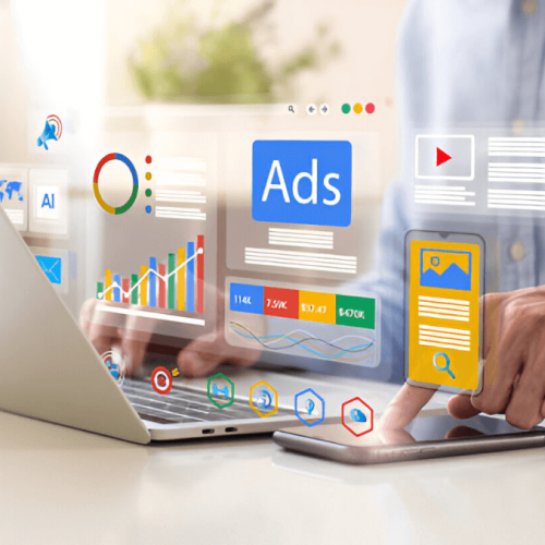 Marketer analyzing Google Ads campaign results on a laptop